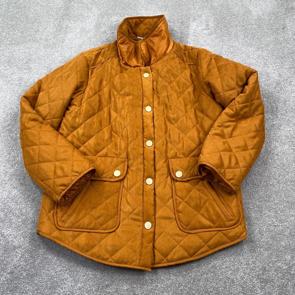 St John's Bay Quilted Jacket Women Size L Brown Snap Front Water Resistant